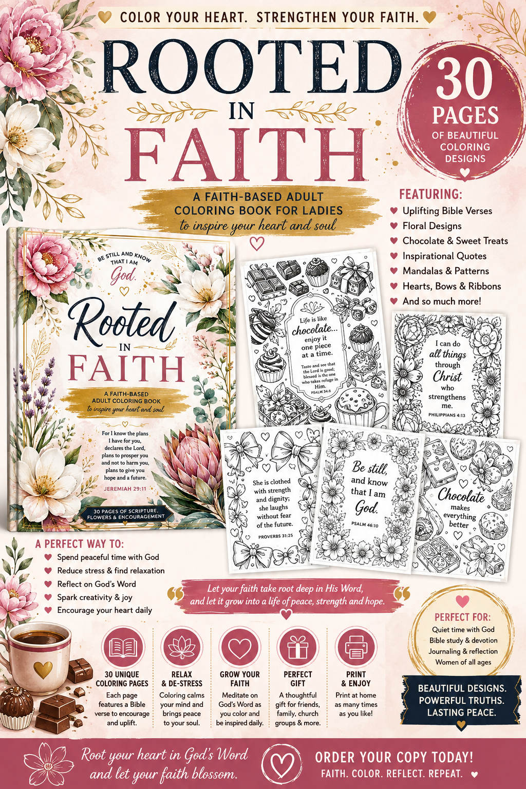 Rooted in Faith 30 Page faith-based coloring book for Ladies