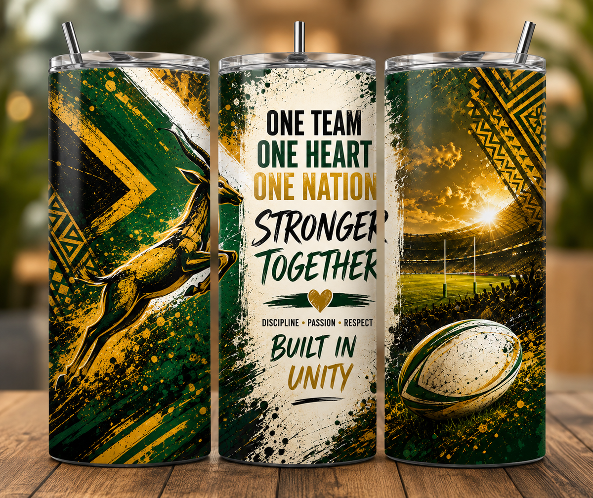 South African Rugby Spirit 20 oz Skinny Tumbler Wrap | Bold Green & Gold PNG | Instant Digital Download