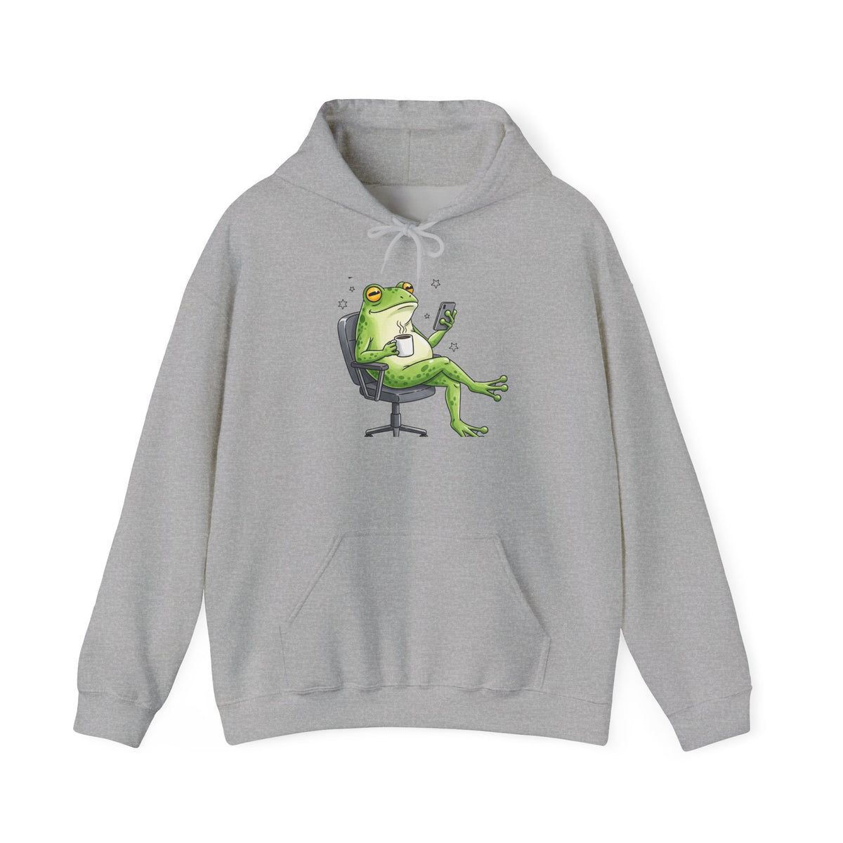 Frog Boss Hoodie — Relaxed Frog in Office Chair Drinking Coffee Graphic Hoodie