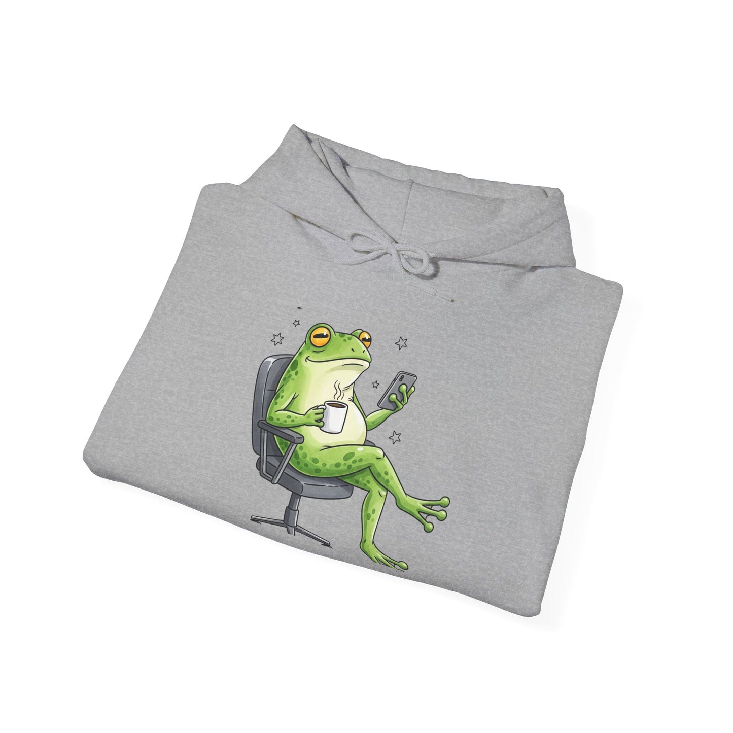 Frog Boss Hoodie — Relaxed Frog in Office Chair Drinking Coffee Graphic Hoodie