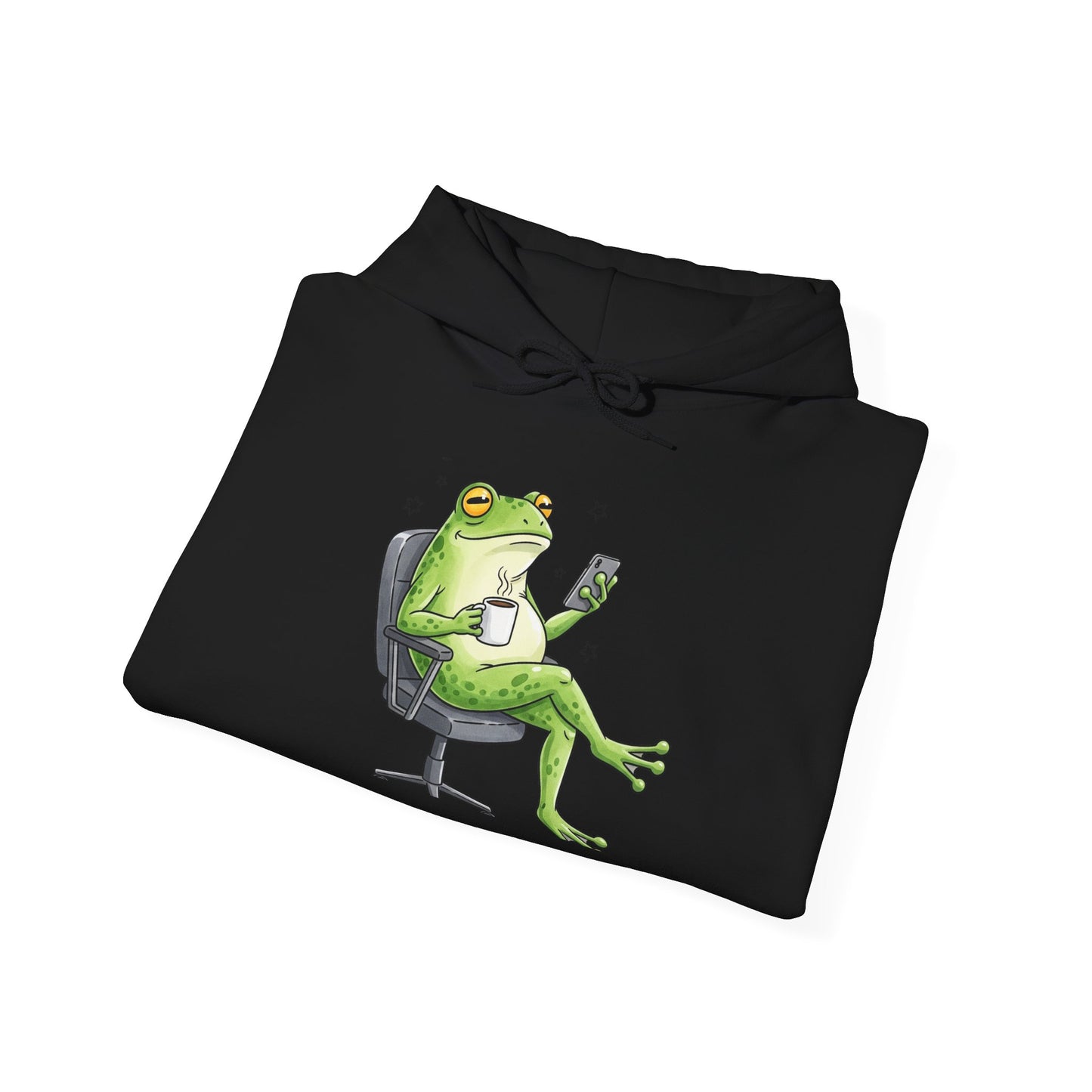 Frog Boss Hoodie — Relaxed Frog in Office Chair Drinking Coffee Graphic Hoodie
