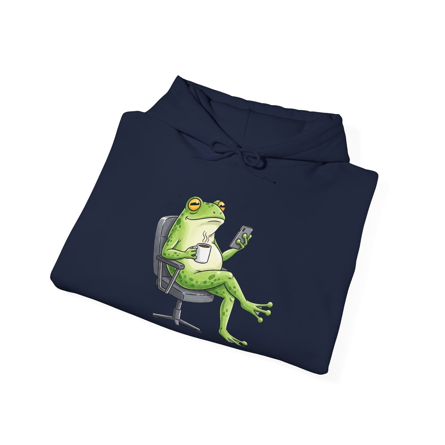Frog Boss Hoodie — Relaxed Frog in Office Chair Drinking Coffee Graphic Hoodie