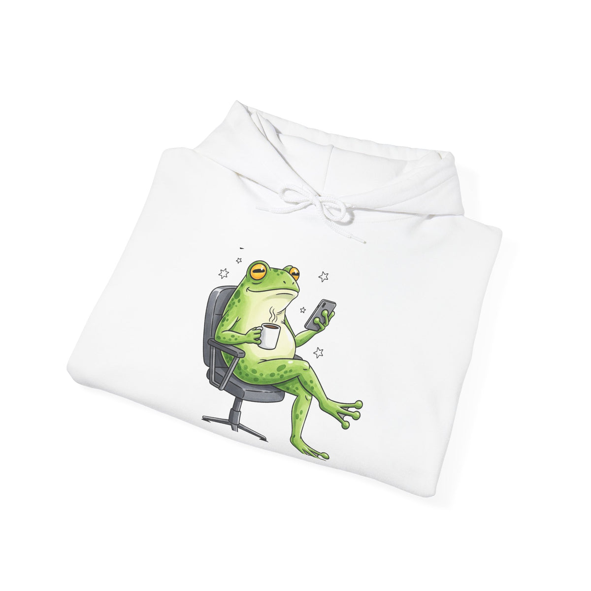 Frog Boss Hoodie — Relaxed Frog in Office Chair Drinking Coffee Graphic Hoodie