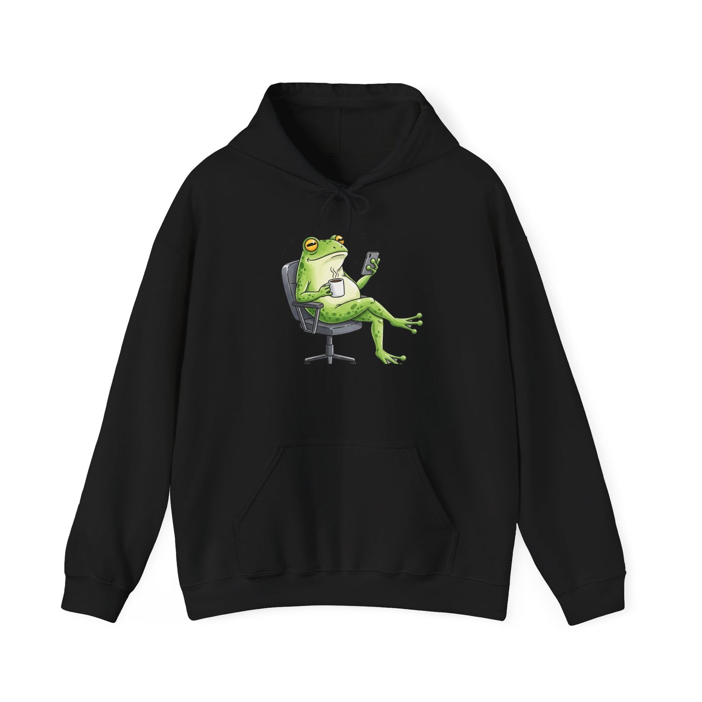 Frog Boss Hoodie — Relaxed Frog in Office Chair Drinking Coffee Graphic Hoodie