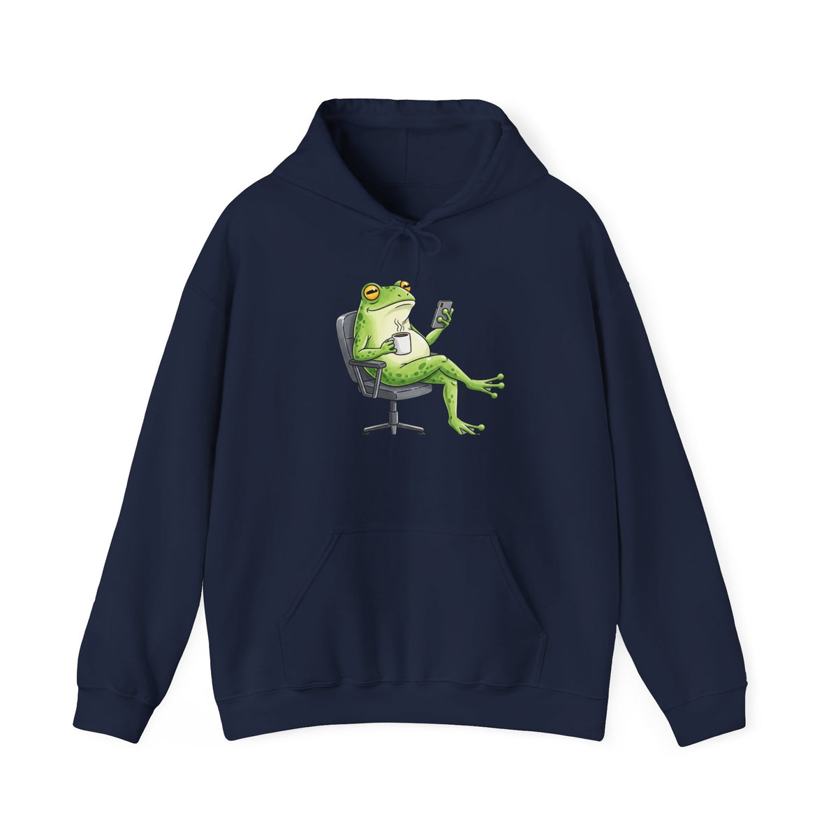 Frog Boss Hoodie — Relaxed Frog in Office Chair Drinking Coffee Graphic Hoodie