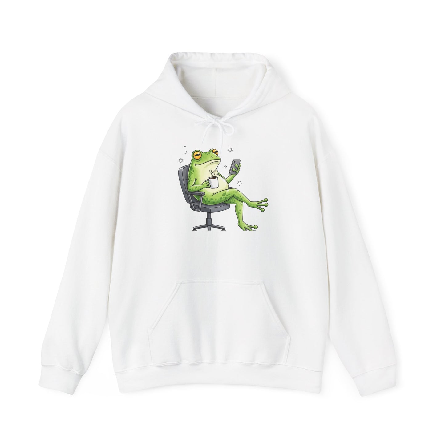 Frog Boss Hoodie — Relaxed Frog in Office Chair Drinking Coffee Graphic Hoodie