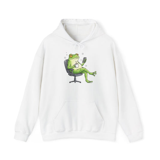 Frog Boss Hoodie — Relaxed Frog in Office Chair Drinking Coffee Graphic Hoodie