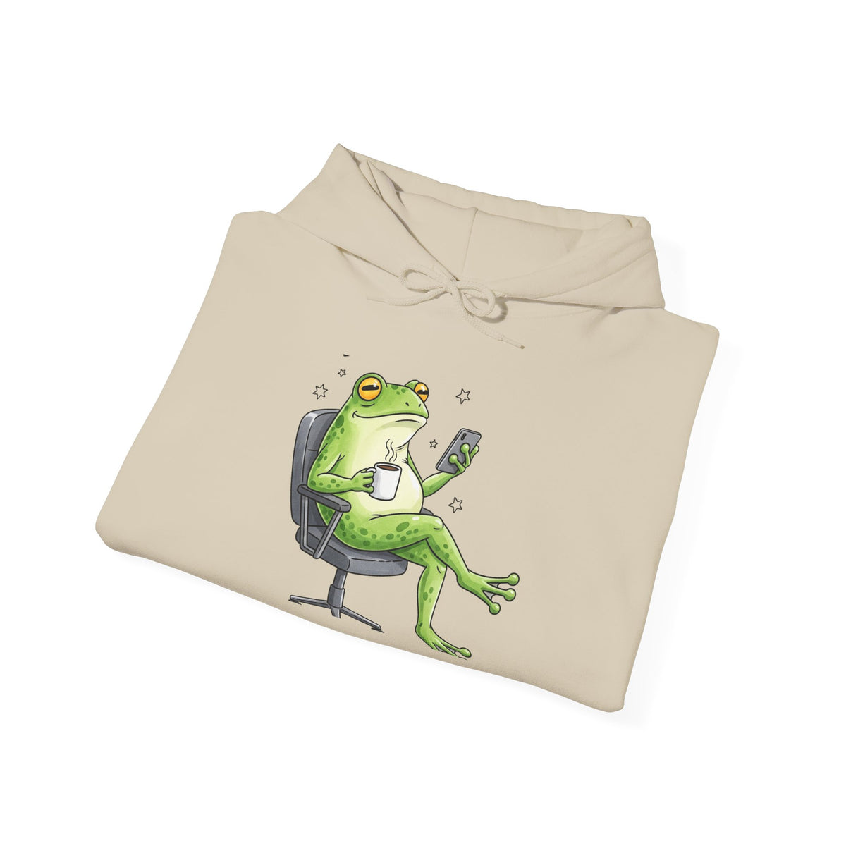 Frog Boss Hoodie — Relaxed Frog in Office Chair Drinking Coffee Graphic Hoodie