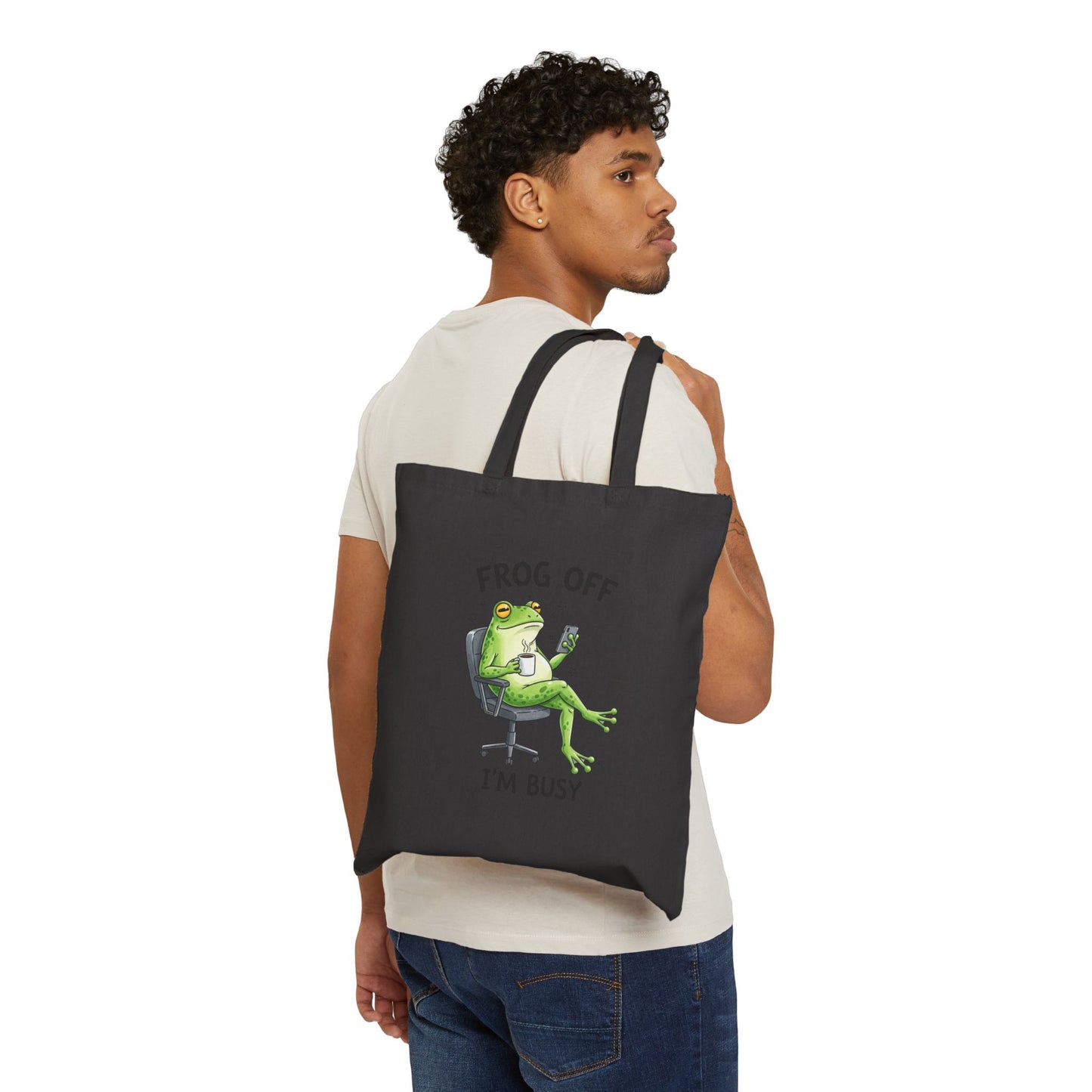 Tote Bag — "Frog Off I'm Busy" Funny Frog Illustration Cotton Canvas Tote