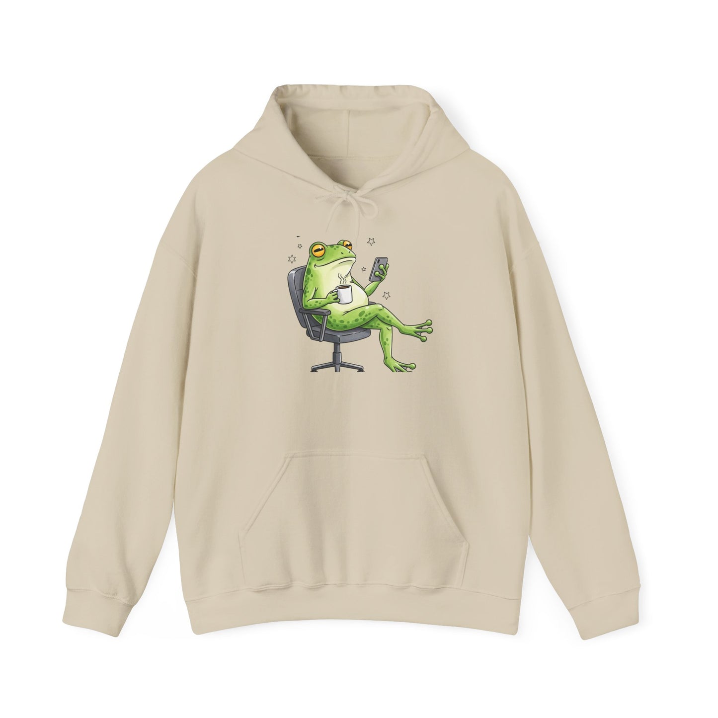 Frog Boss Hoodie — Relaxed Frog in Office Chair Drinking Coffee Graphic Hoodie