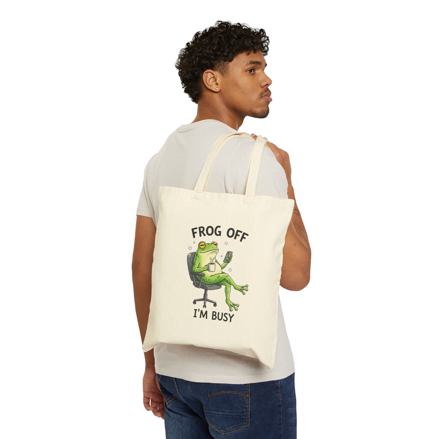 Tote Bag — "Frog Off I'm Busy" Funny Frog Illustration Cotton Canvas Tote