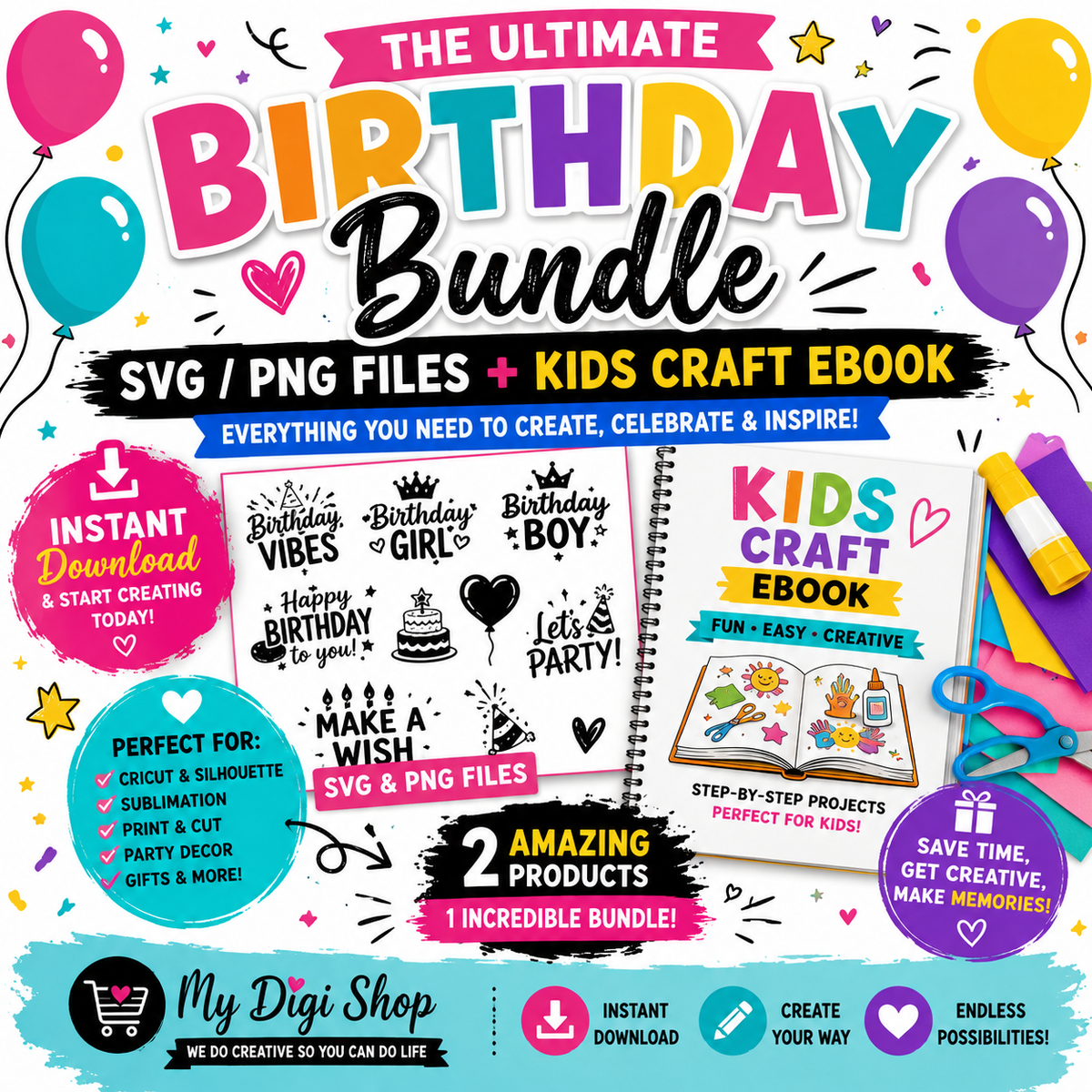 The Ultimate Birthday Bundle | SVG & PNG Files + Kids Craft eBook | Instant Digital Download for Creative Celebrations!