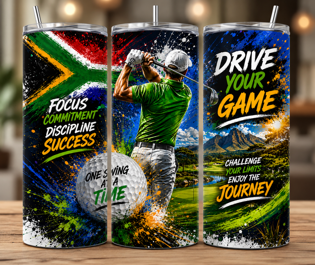 Proudly South African Golf | 20 oz Skinny Tumbler Sublimation Design | Vibrant Golf & Flag Wrap PNG