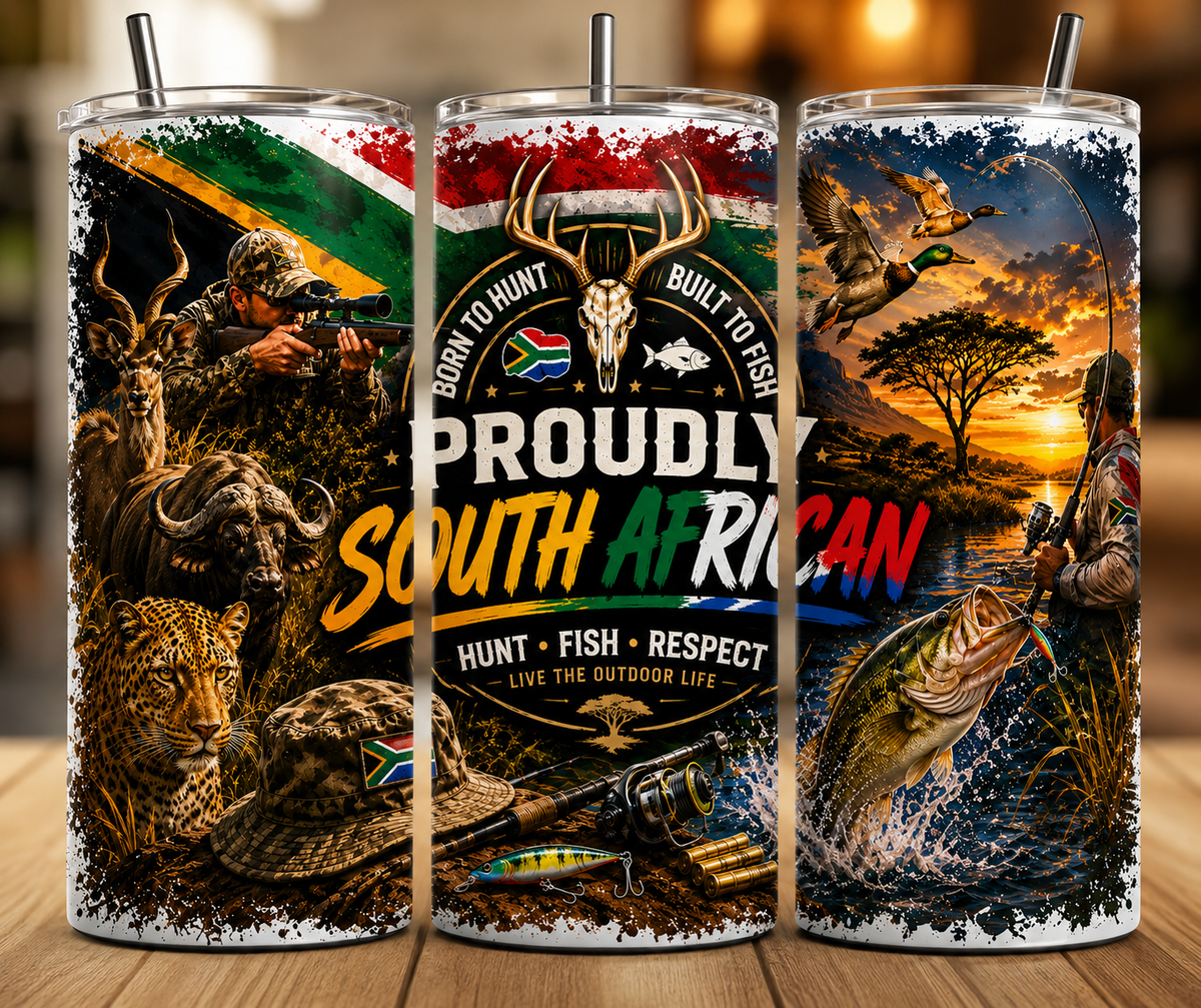 Proudly South African Hunting & Fishing 20 oz Skinny Tumbler Wrap | Premium Sublimation Design | Outdoor & Wildlife Digital Download